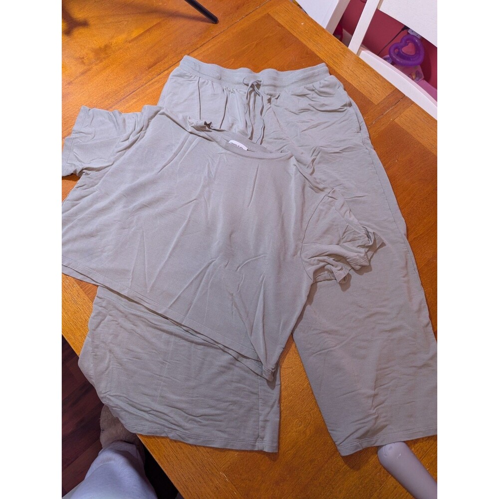 Open Edit 2-Piece Ribbed Loungewear Set Sage Knit Crop Top & Wide Leg Pants M